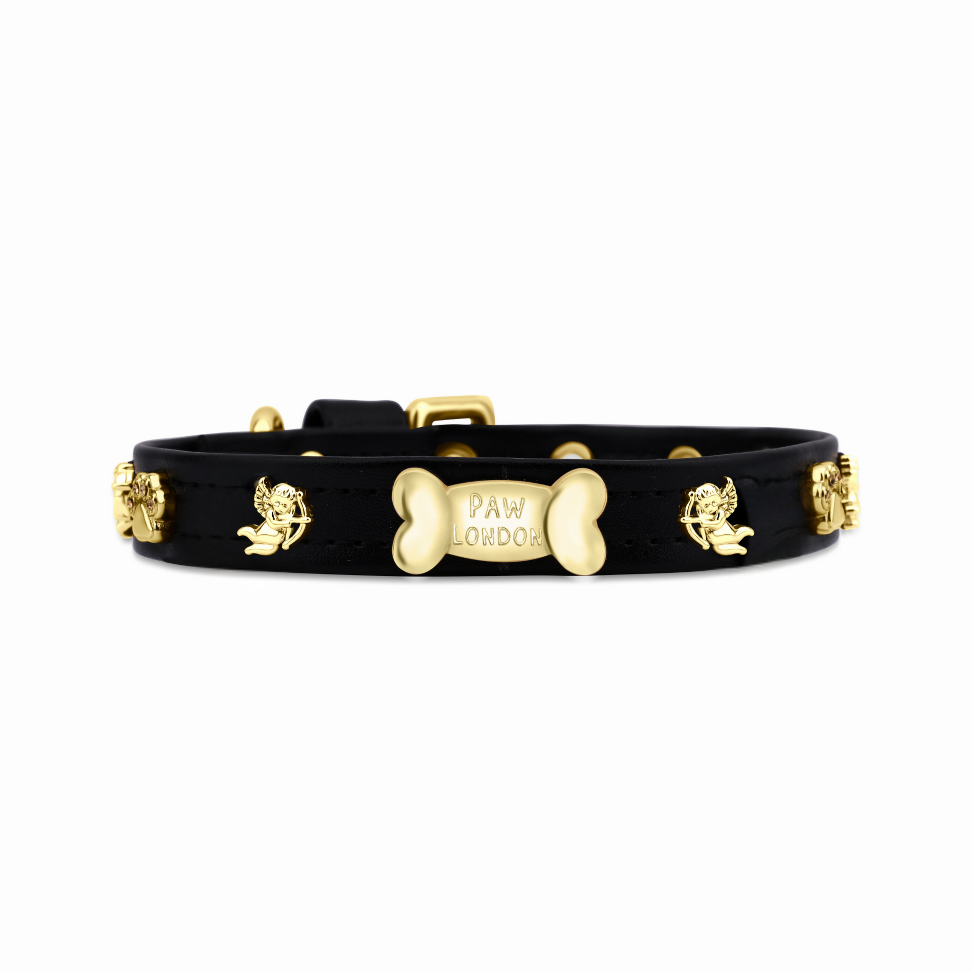 a black leather dog collar with gold angels and bones