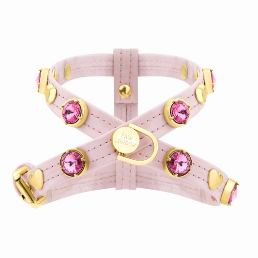 a pink dog harness with gold hardware and pink stones