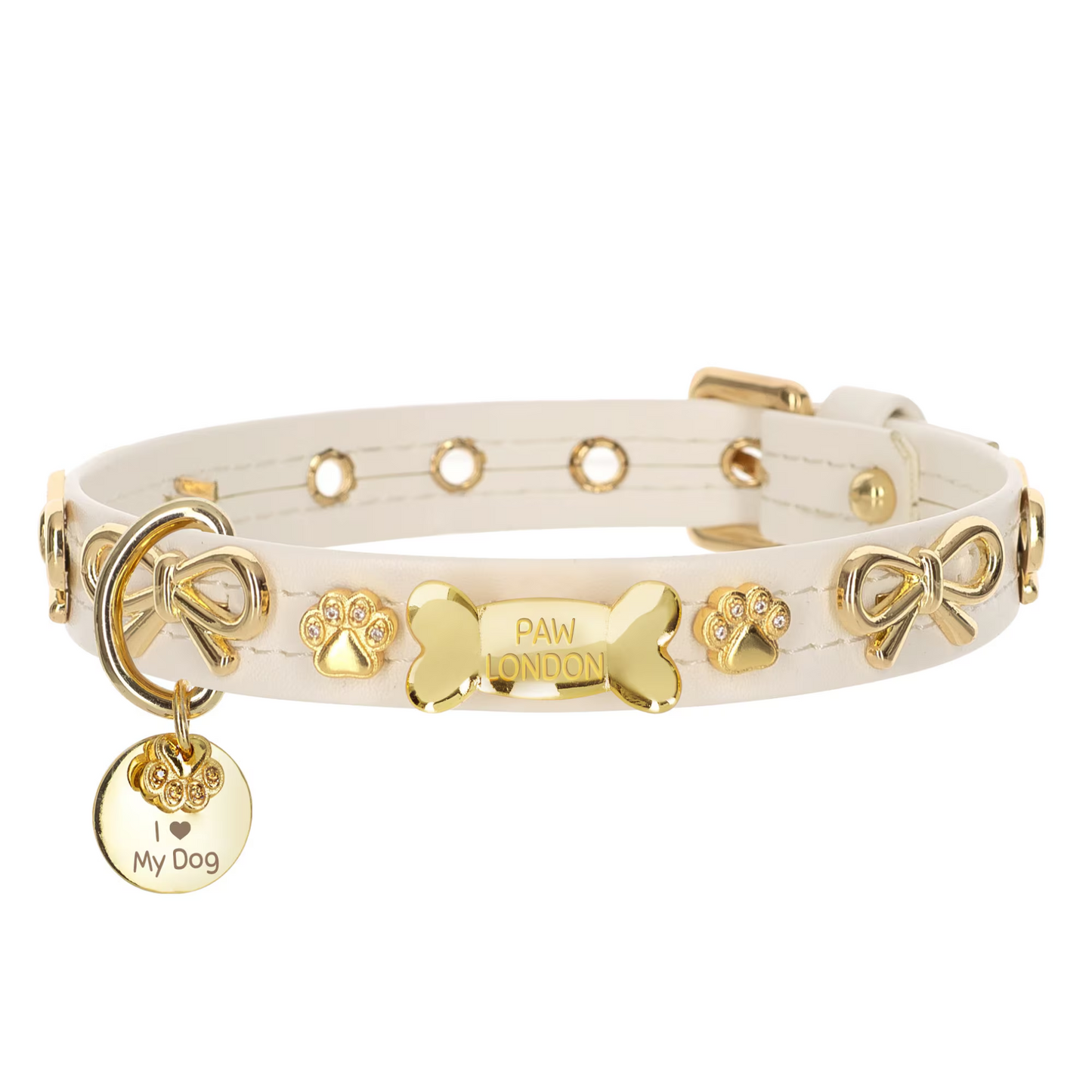 a white leather dog collar with a gold plated dog tag