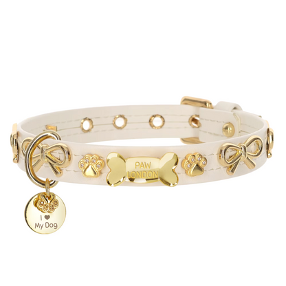 a white leather dog collar with a gold plated dog tag