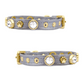 a pair of grey leather dog collars with gold hardware