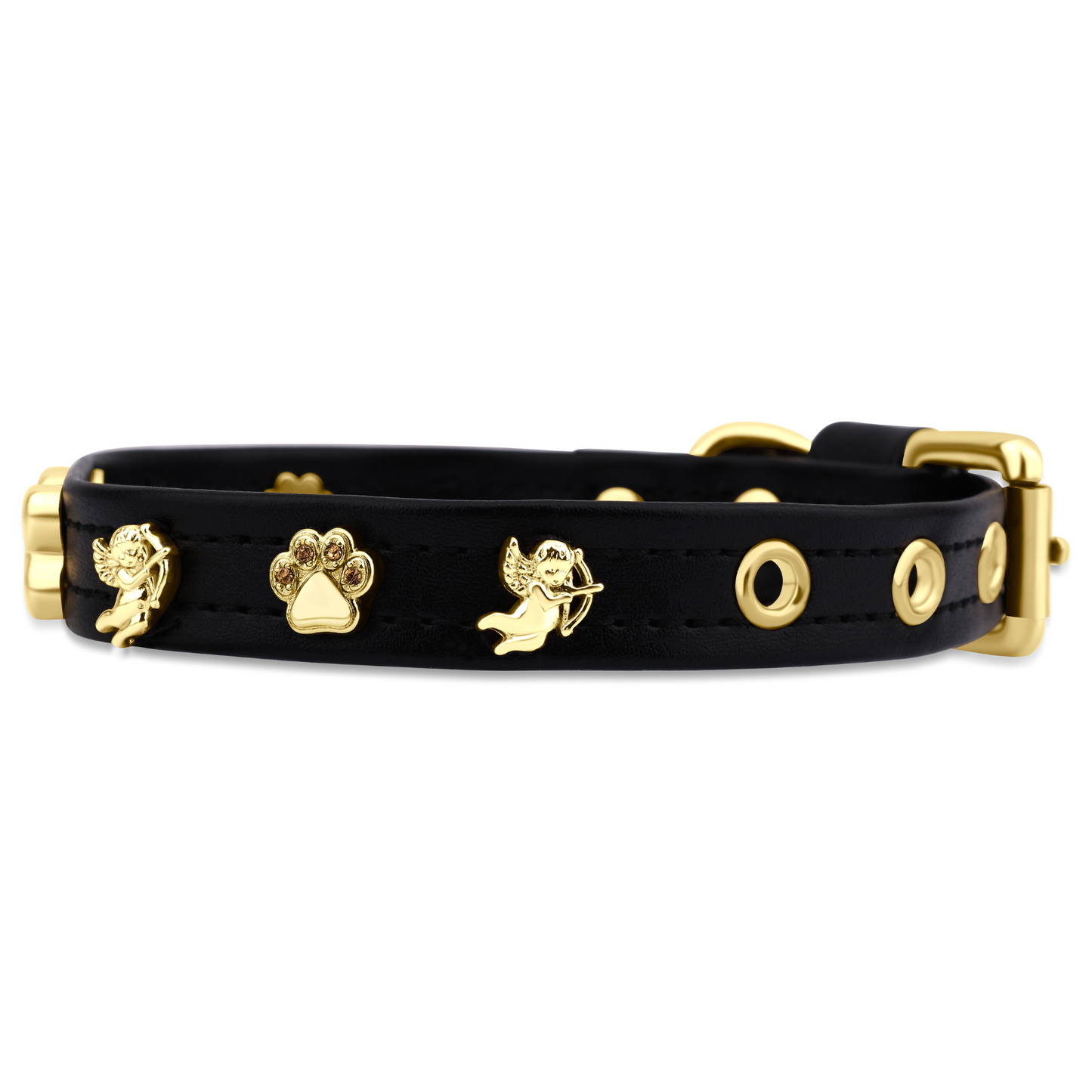 a black leather dog collar with gold metal angels