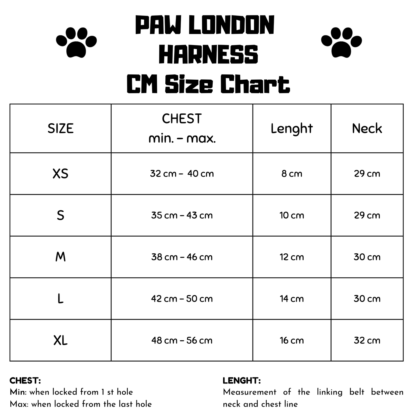 paw london size guide for harness in CM