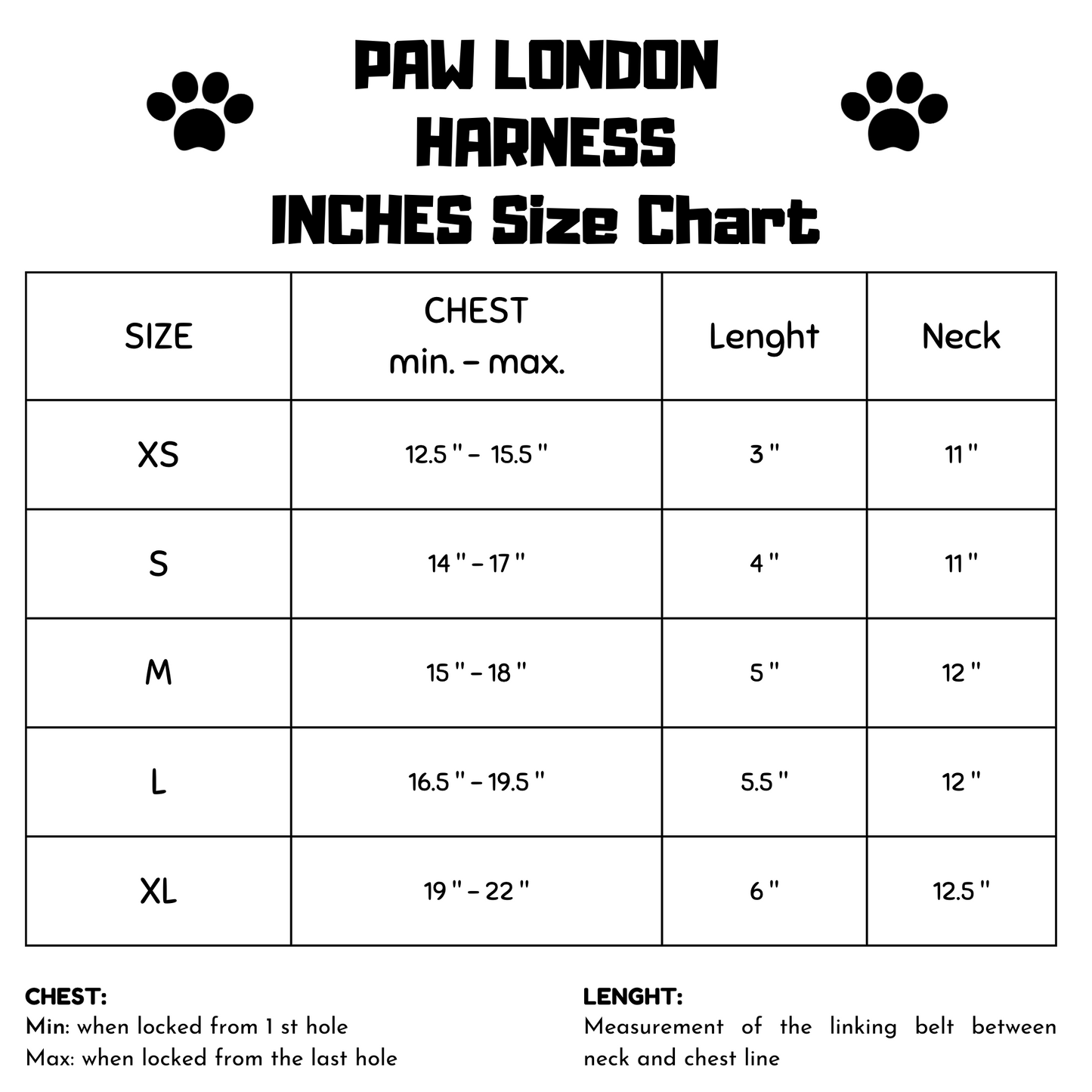 Paw London size guide for harness in INCH