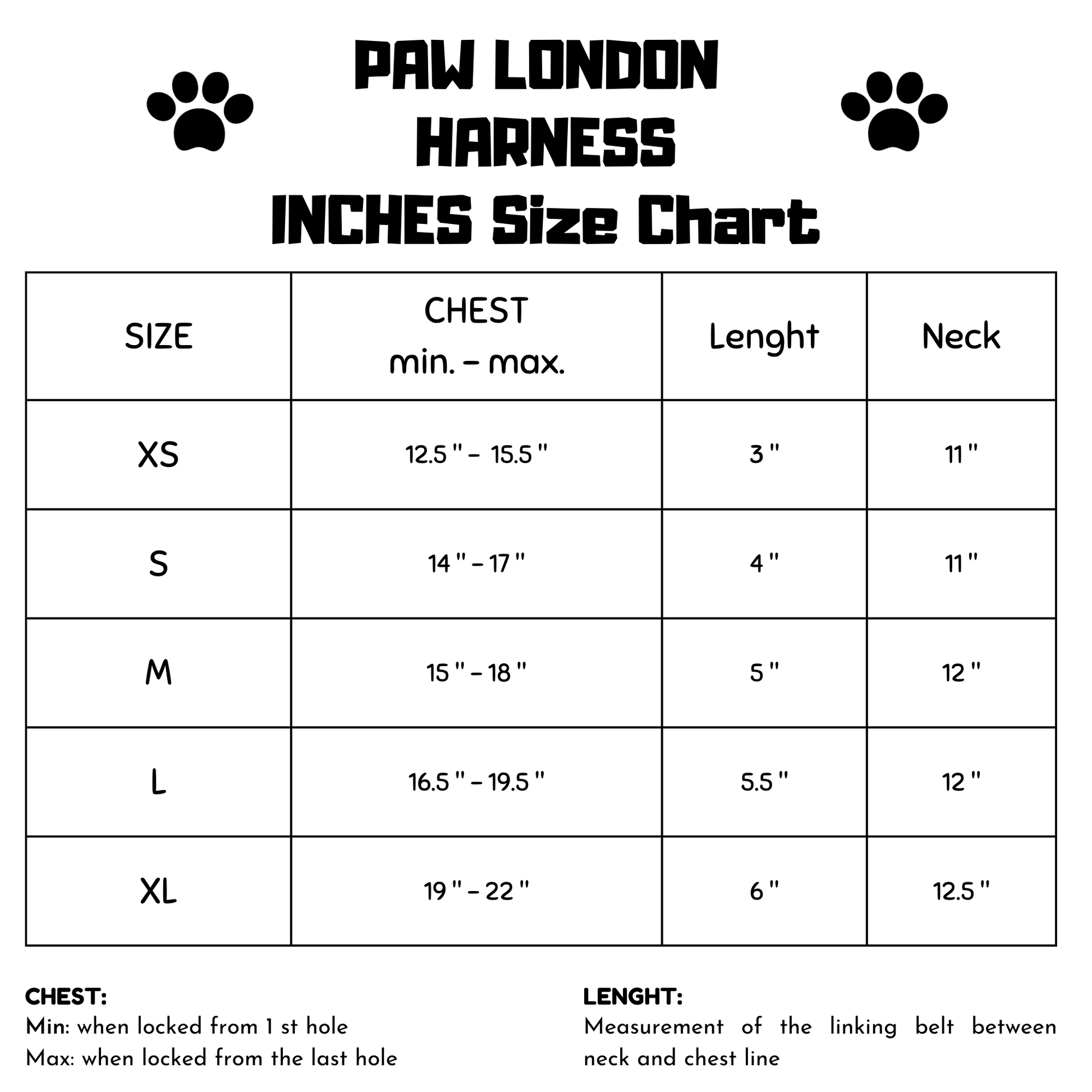 Paw London size guide for harness in INCH