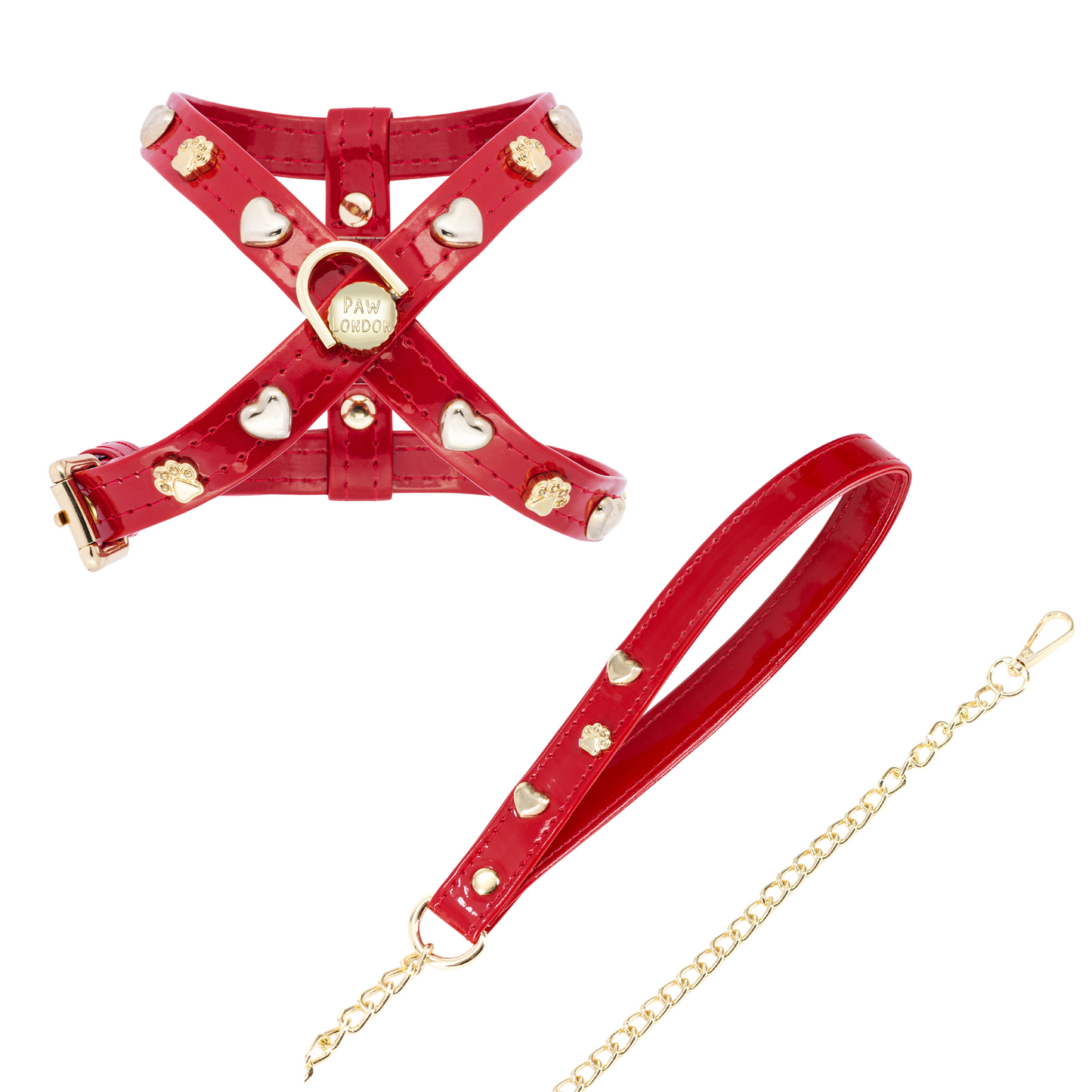 Heart Chain Dog Lead with Red Leather Handle PAW LONDON