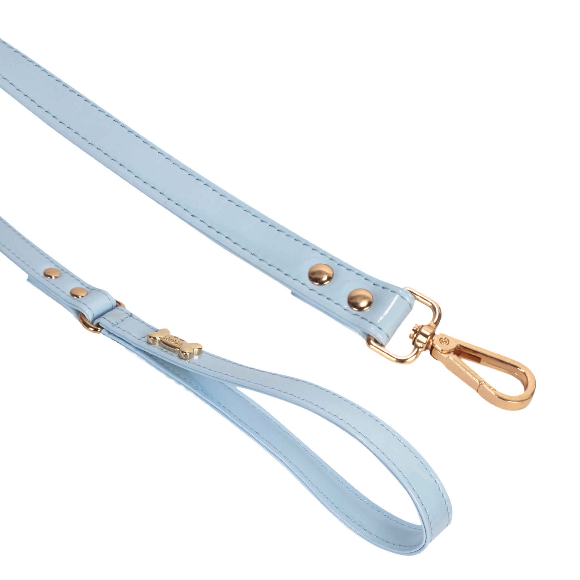 Baby Blue Vegan Leather Dog Lead with Gold Plated Bone PAW LONDON