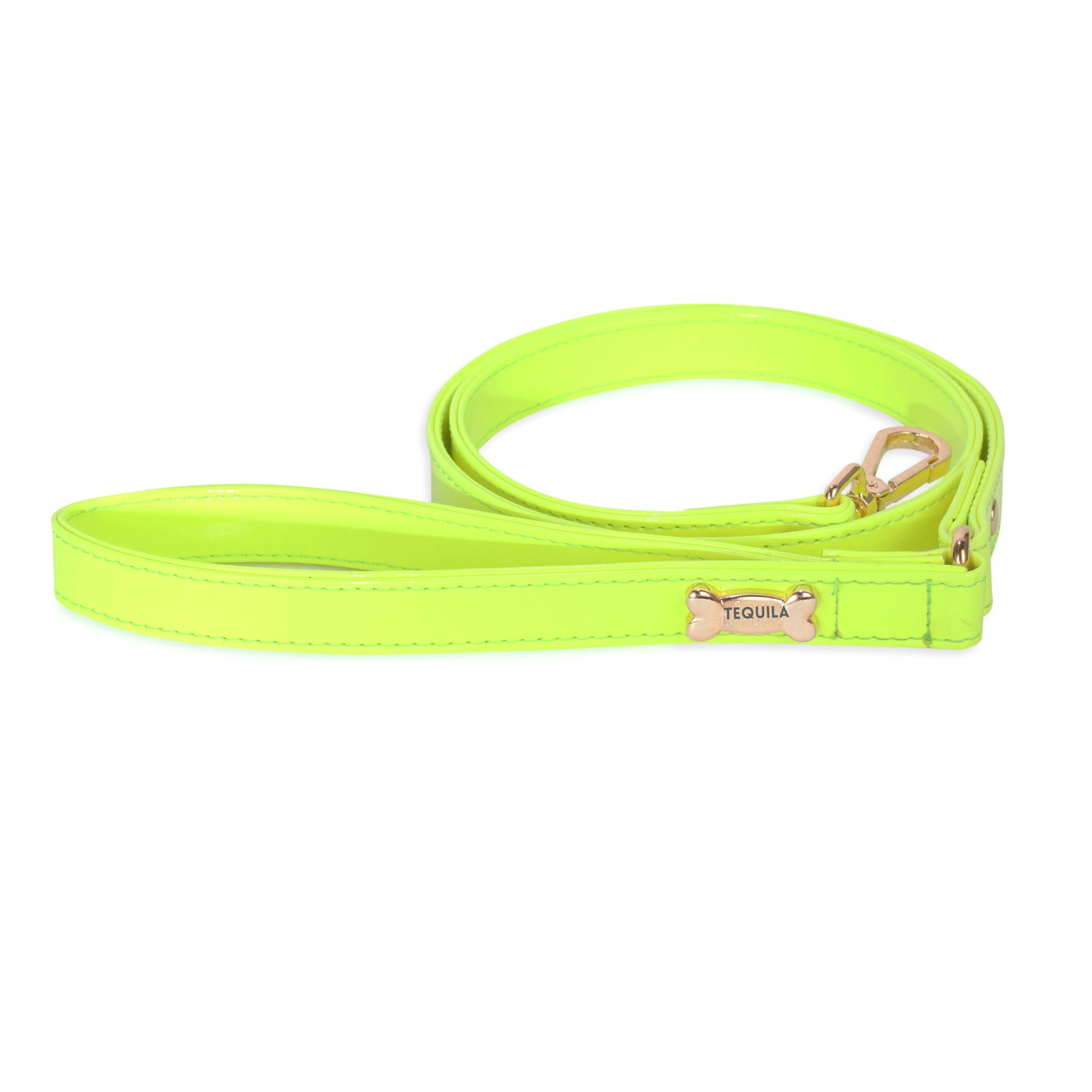 Neon Green Vegan Leather Dog Lead with Gold Plated Bone PAW LONDON