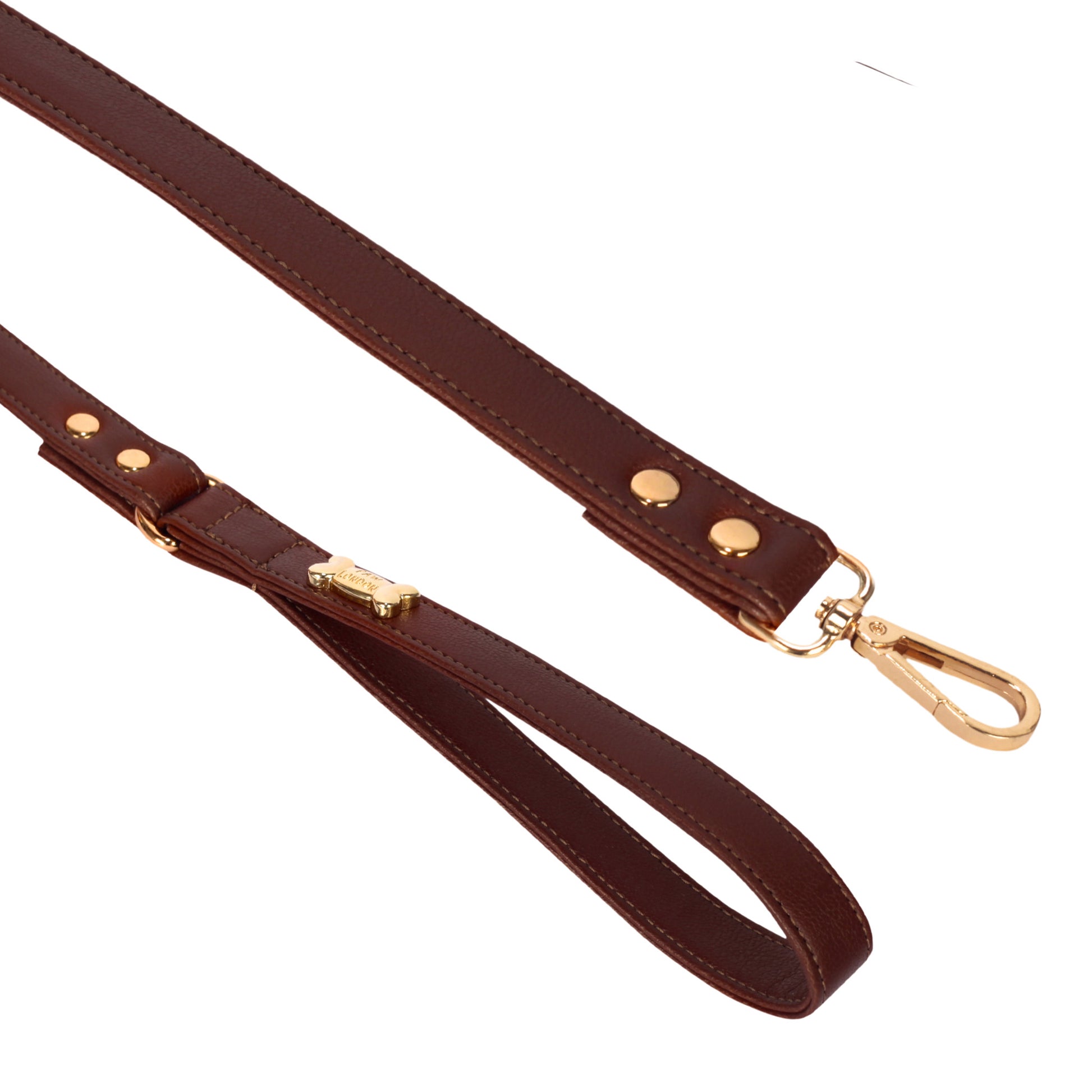 Brown Vegan Leather Dog Lead with Gold Plated Bone PAW LONDON