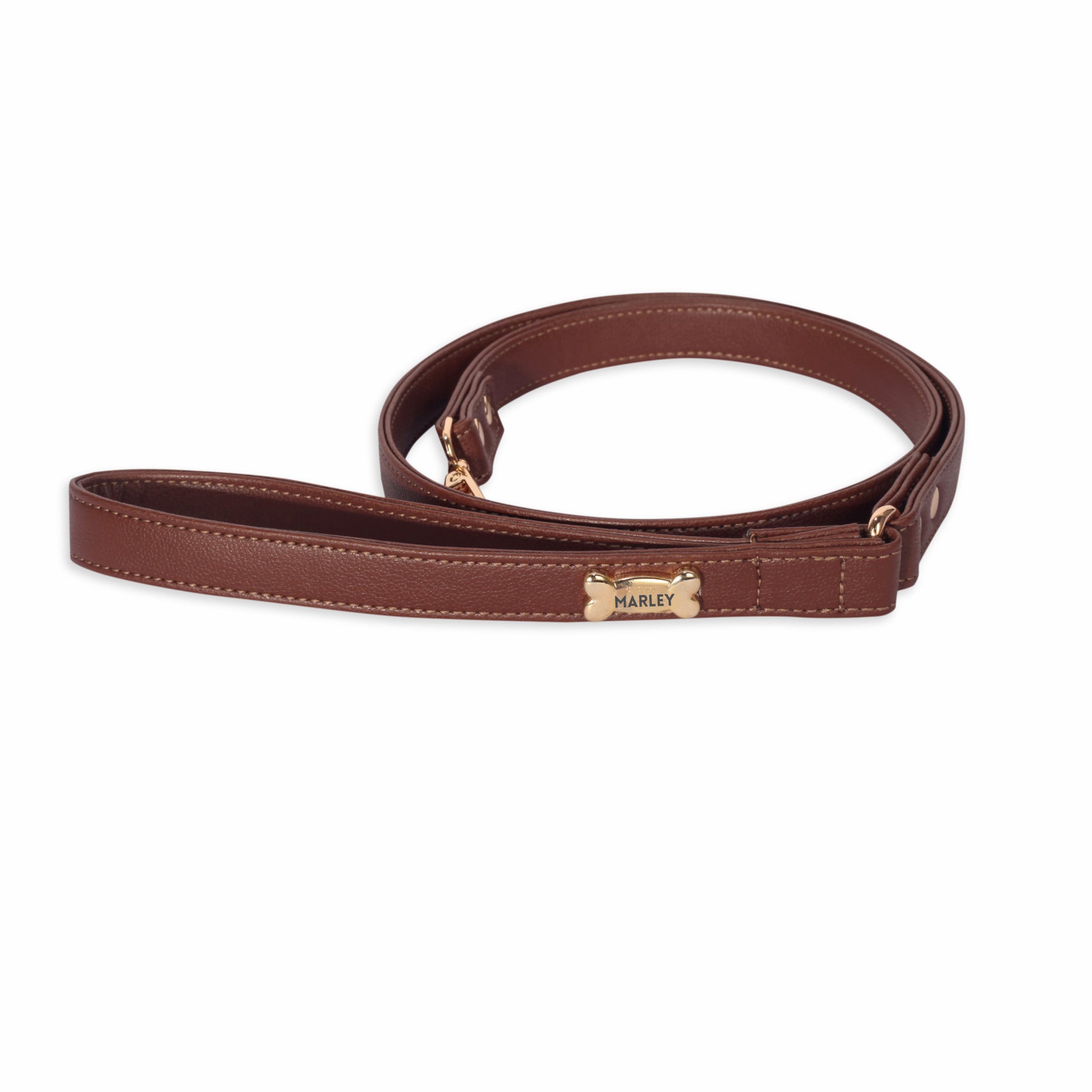 Brown Vegan Leather Dog Lead with Gold Plated Bone PAW LONDON