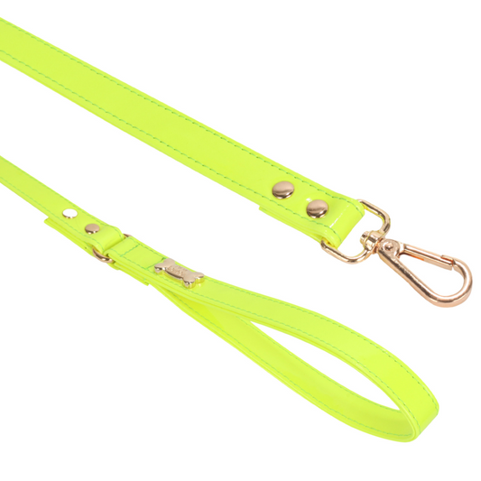 Neon Green Vegan Leather Dog Lead with Gold Plated Bone PAW LONDON