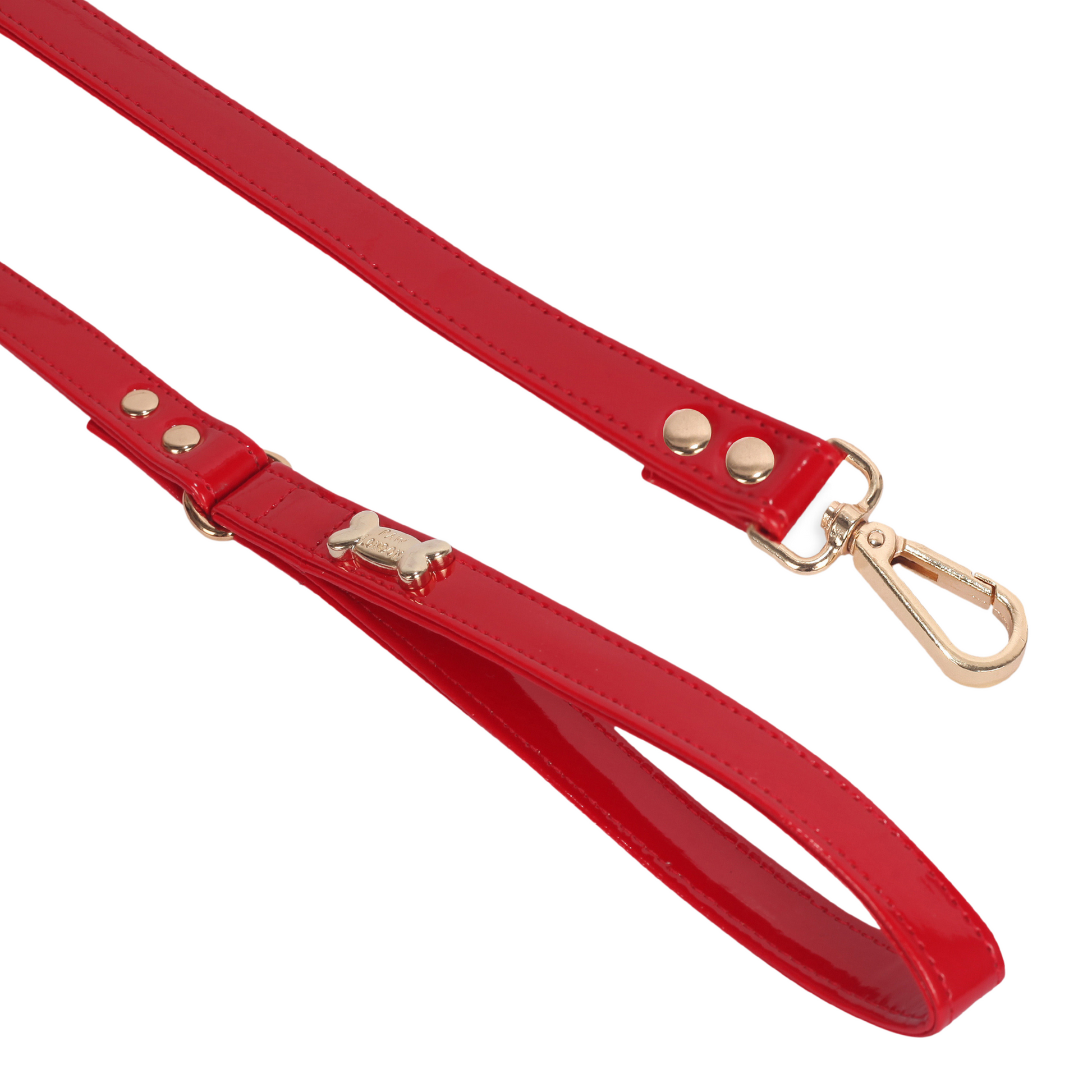 Red Vegan Leather Dog Lead with Gold Plated Bone PAW LONDON