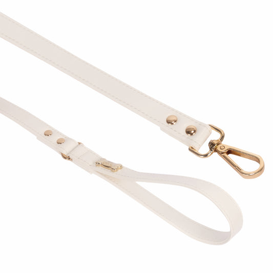 White Vegan Leather Dog Lead with Gold Plated Bone PAW LONDON