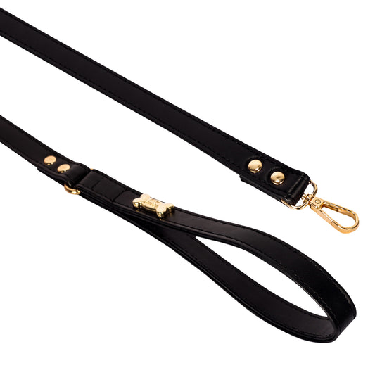 Black Vegan Leather Dog Lead with Gold Plated Bone PAW LONDON